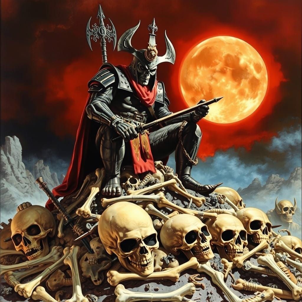 Warlord Seated Amongst a Trove of Macabre Treasures