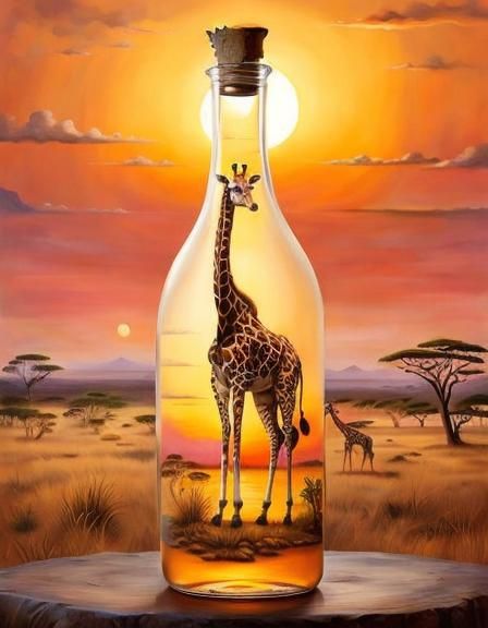 Giraffe in a Bottle: Surreal African Sunset