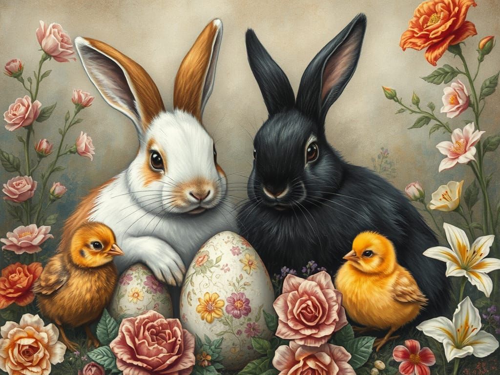 Rabbits and Chicks Painting Easter Eggs in Charcoal Style