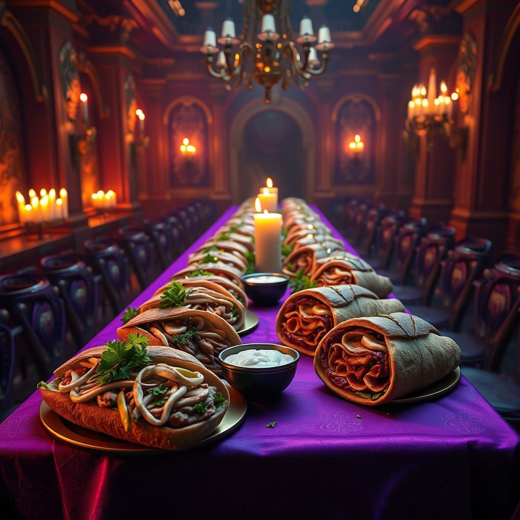 Purple Shawarma Feast in Vibrant, Dreamlike Settings