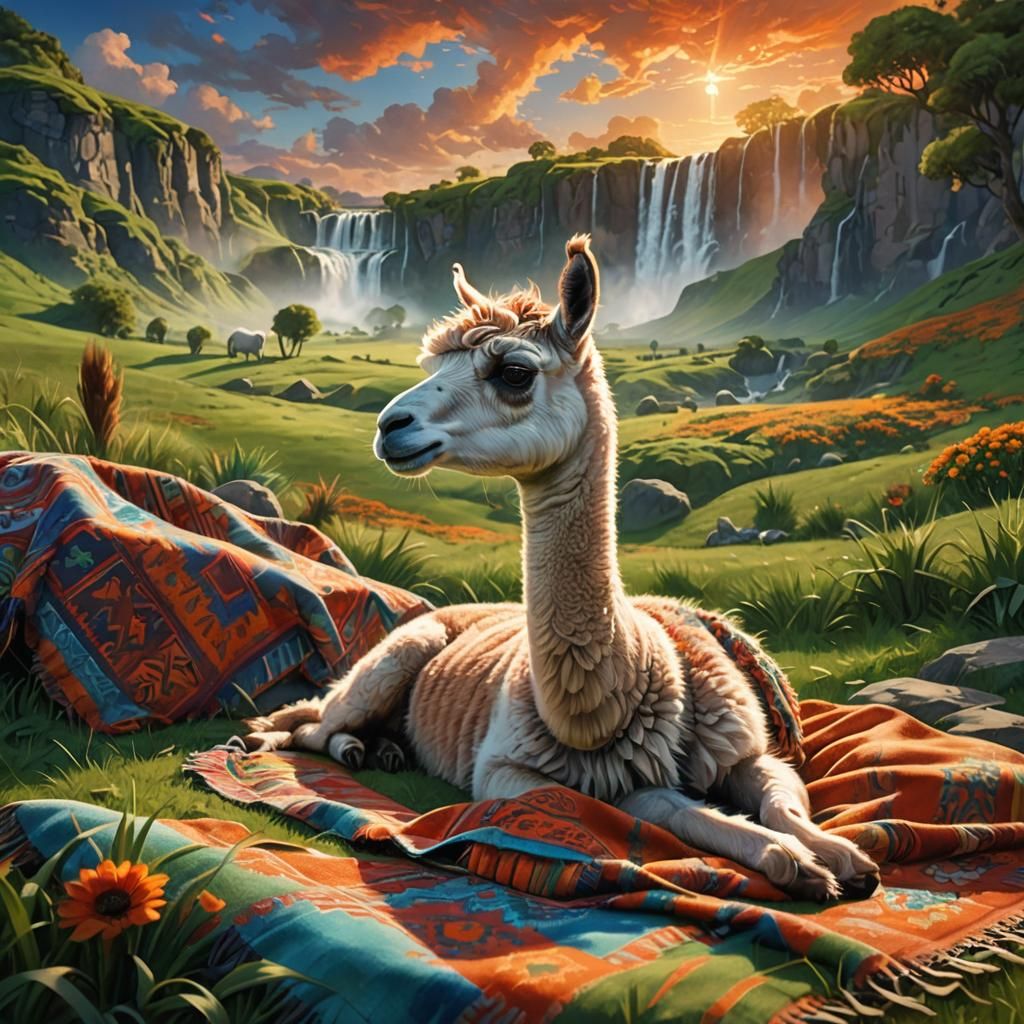 Baby Llama in Fantasy Landscape Sunset