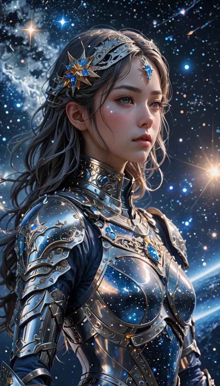 Anime Stargazer in Silver Armor Gazing at Cosmos