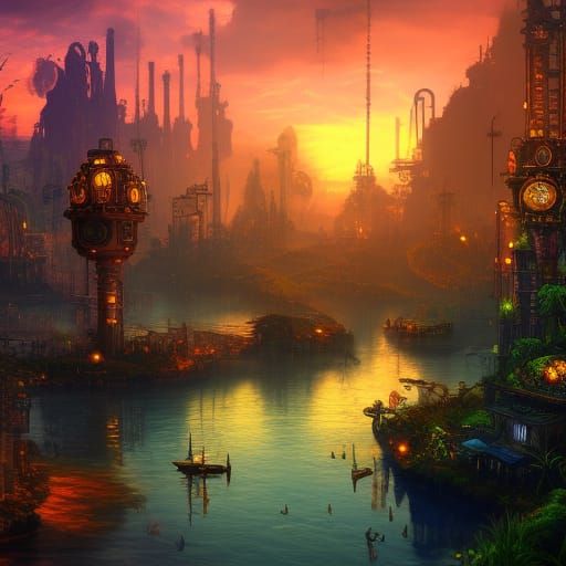 Lush Steampunk Jungle City with Sapphire River