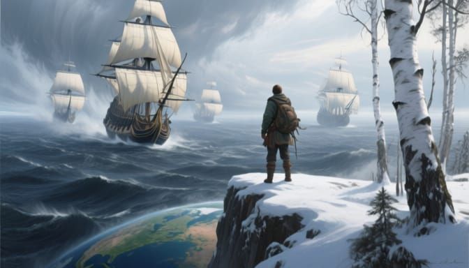 Explorer Gazes at Majestic Ships on Windswept Sea