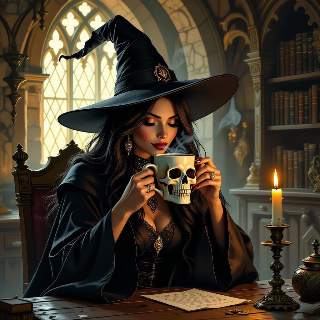 Witch Drinks Coffee in Mystical Chamber