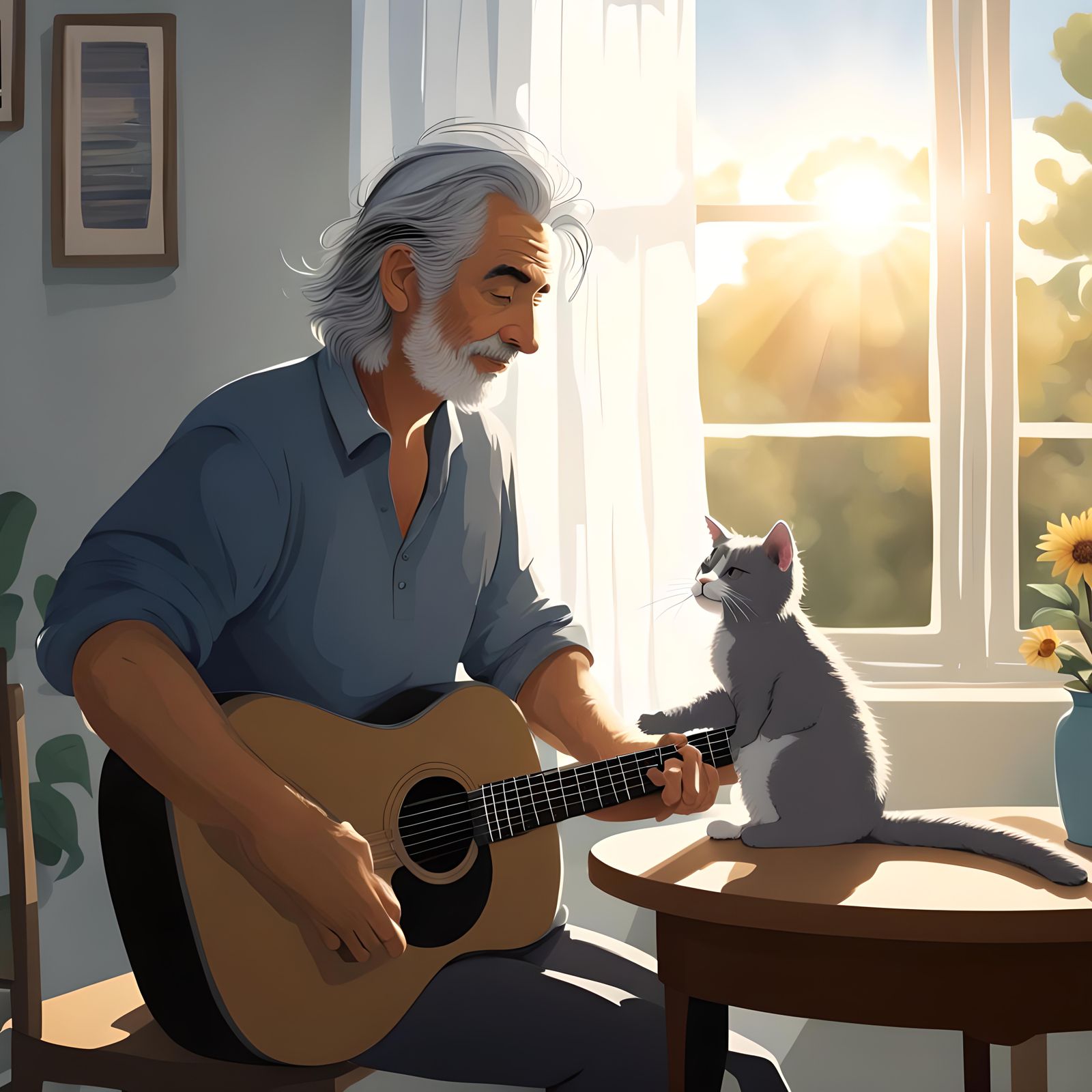 Man Serenades Cat with Guitar in Sunny Room