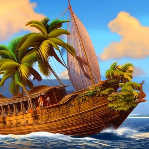 Dodo Portrait on Tropical Island with Sail Ship