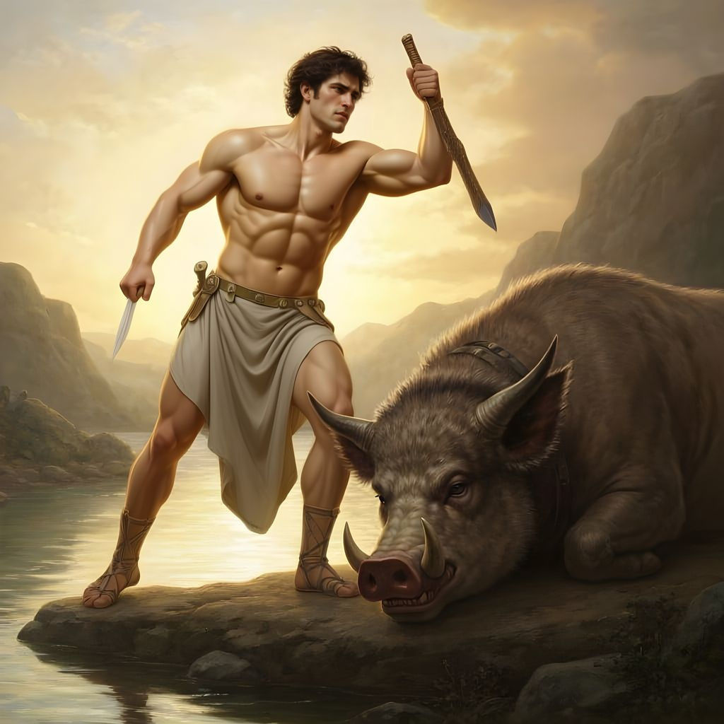 Theseus Slaying the Crommyonian Sow by River in Ancient Gree...