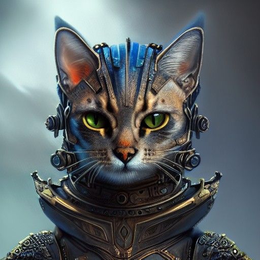 Armored Cat in Cyberpunk Style with Vivid Eyes