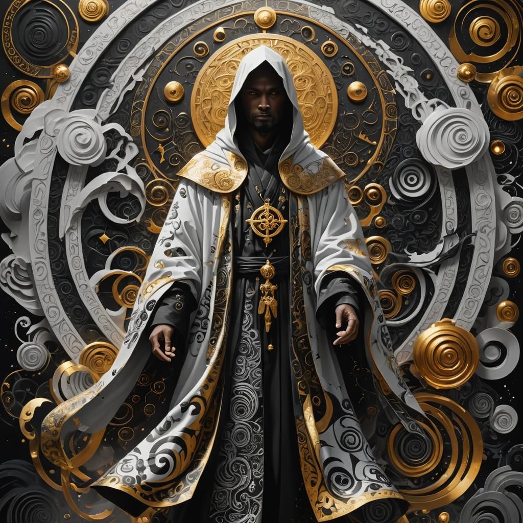 Mystical Figure Amidst Swirling Symbolic Iconography