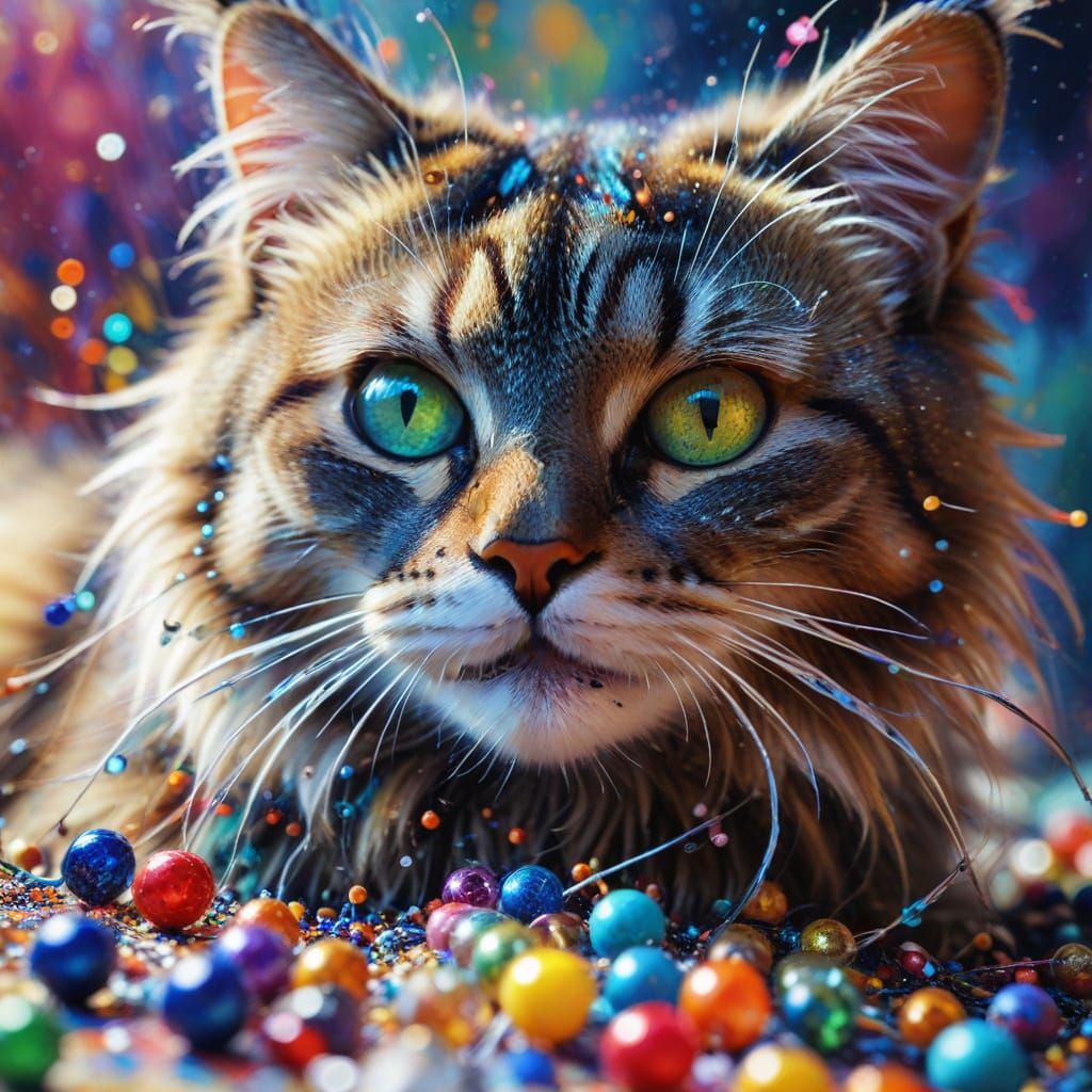 Abstract Expressionist Cat Playing with Glittering Beads