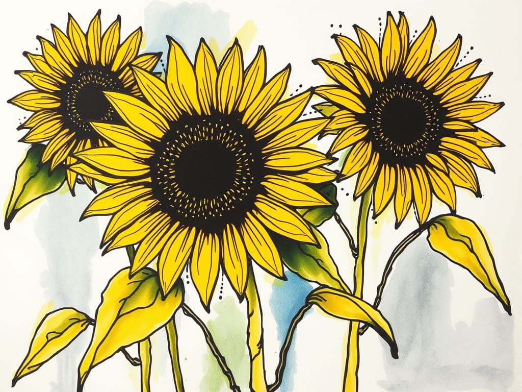 Abstract Ink Sunflowers in Bold Contrast