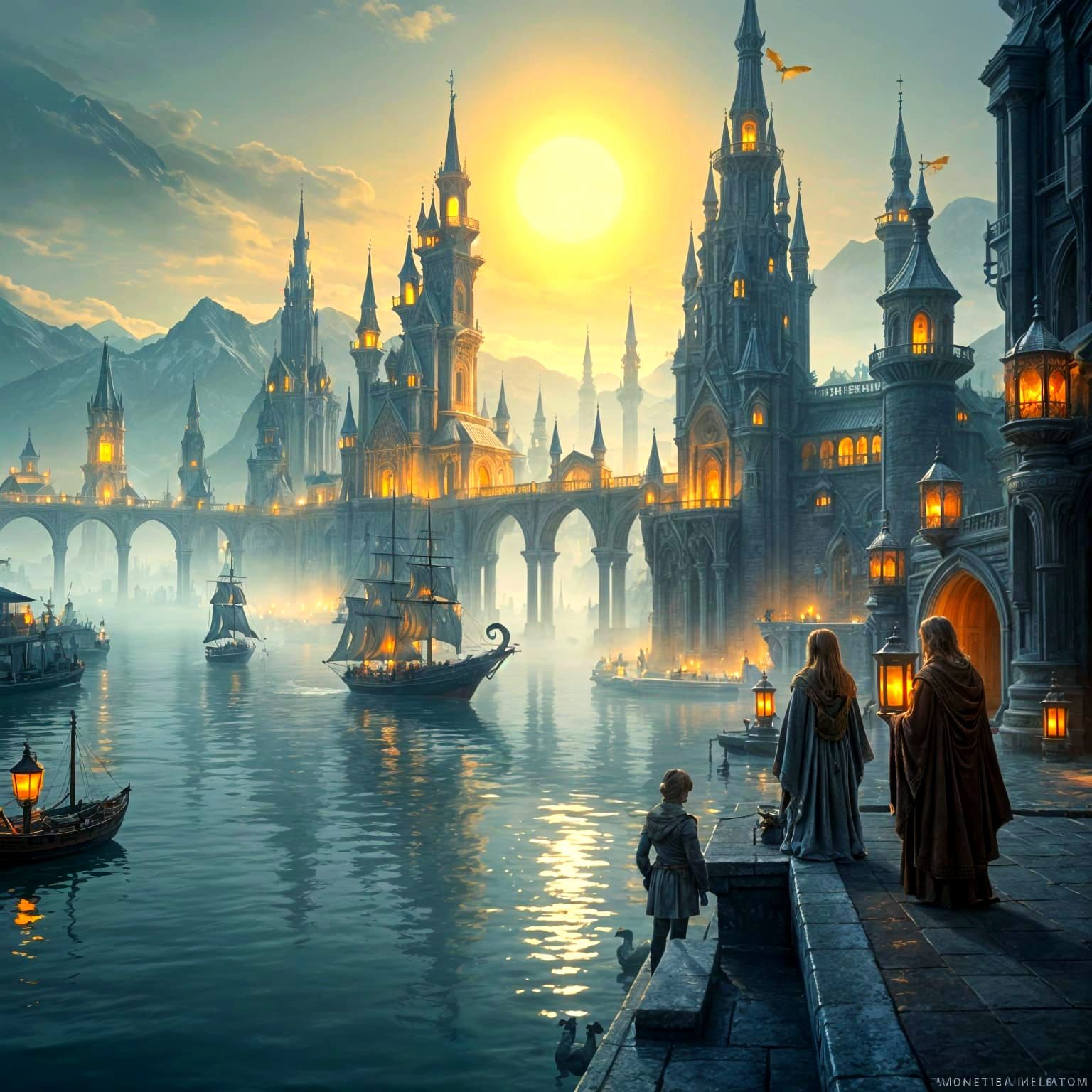 Elven Harbor City at Dawn in High-Fantasy Style