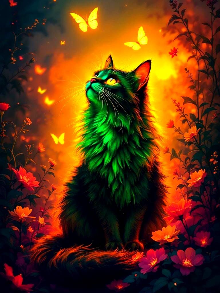 Neon Cat with Butterfly: Digital Oil Painting