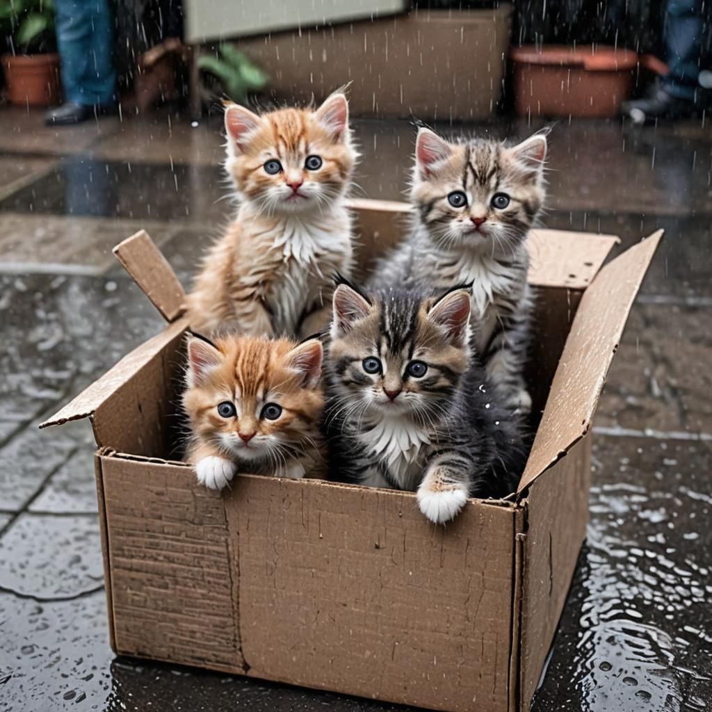 Kittens Seek Shelter from Rain in Cardboard Box