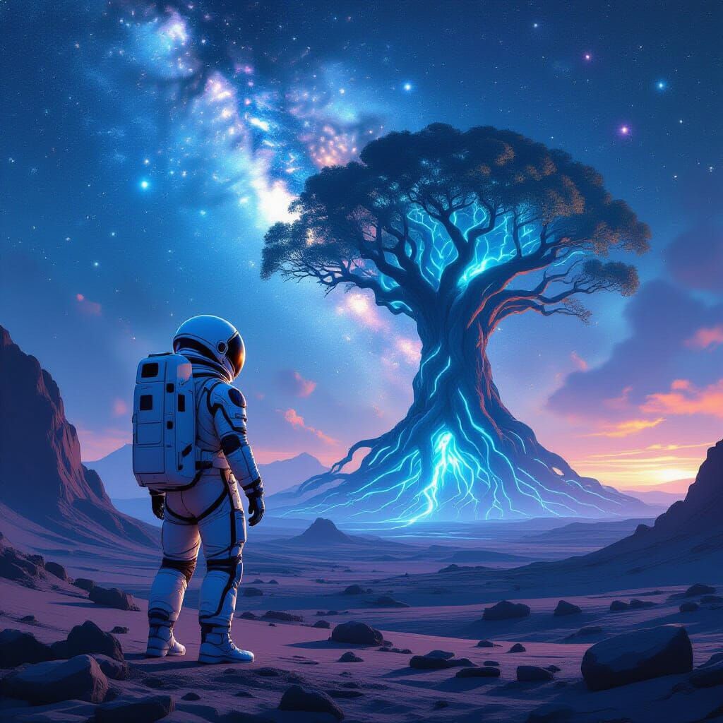 Astronaut Meets Giant Glowing Tree on Alien Planet