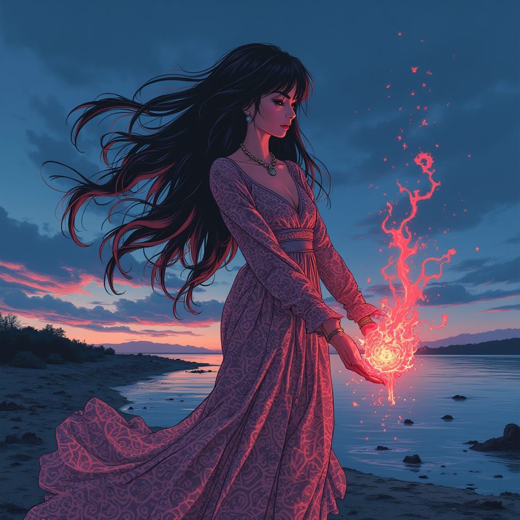 Anime Woman Wielding Magic on Shoreline