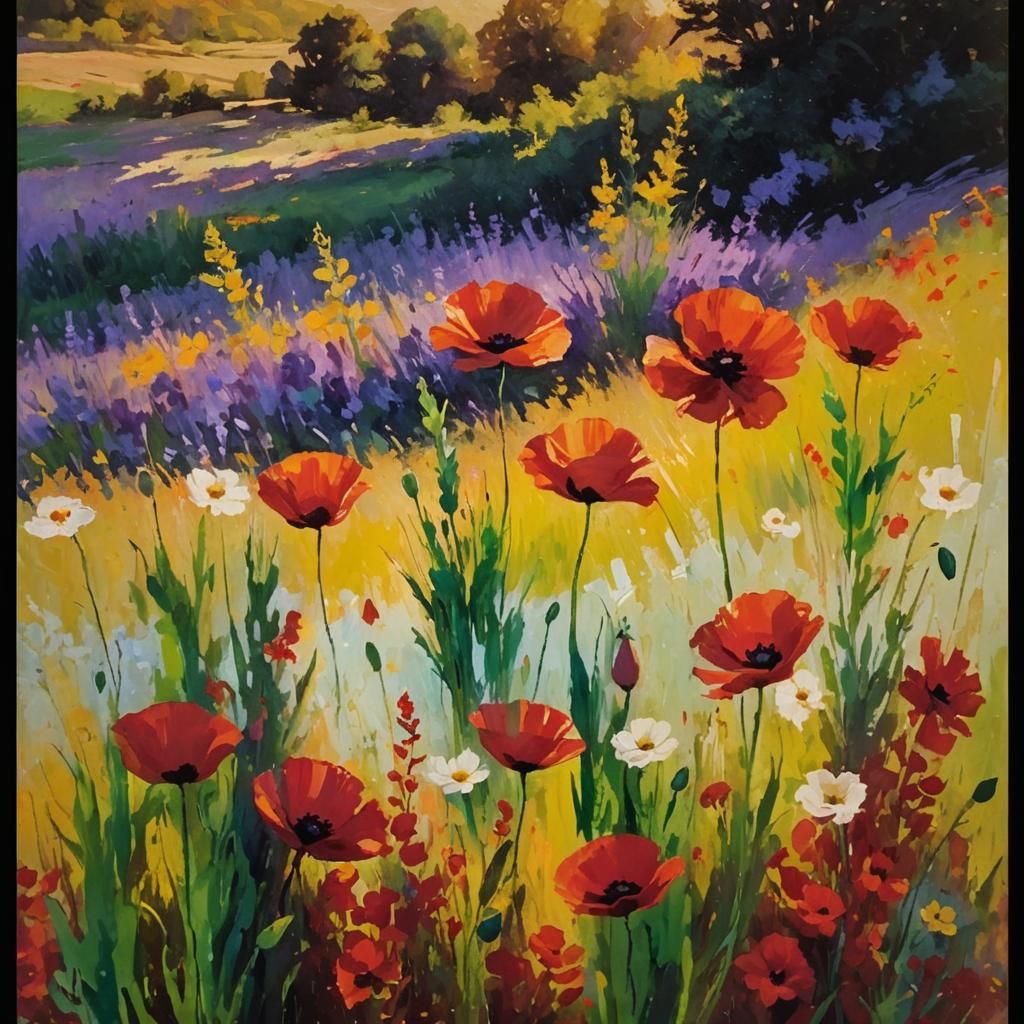 Lush Meadow with Red Poppies in Impressionist Style