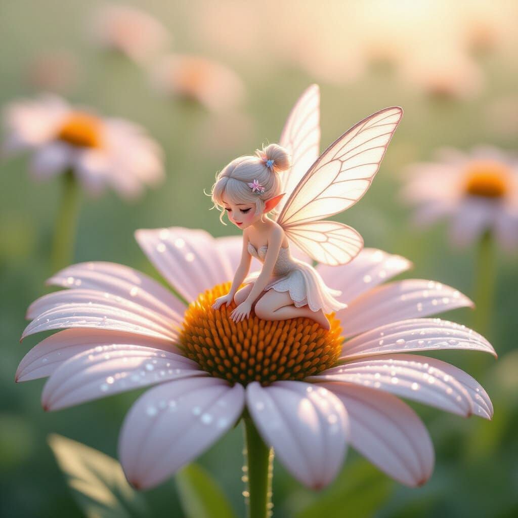 Tiny Fairy Wakes on Dew-Covered Petal in Gentle Sunlight
