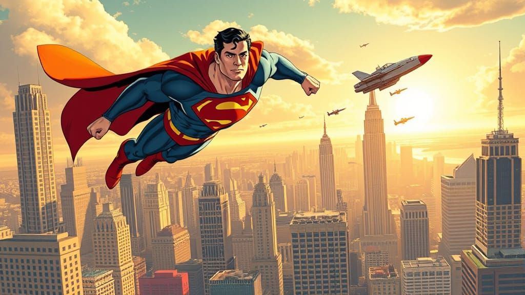 Superman soars through the air above a bustling Metropolis, cape billowing in the wind.