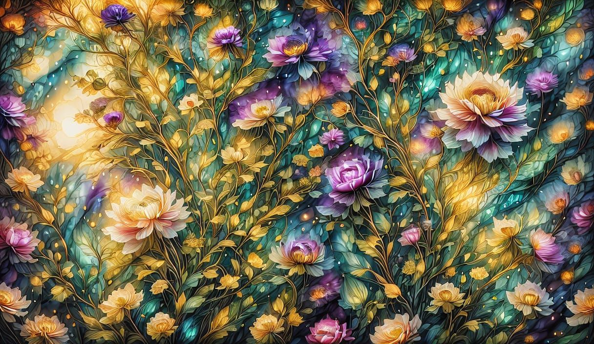 Fragrant Blooms on Windowsill in Alcohol-Ink Style