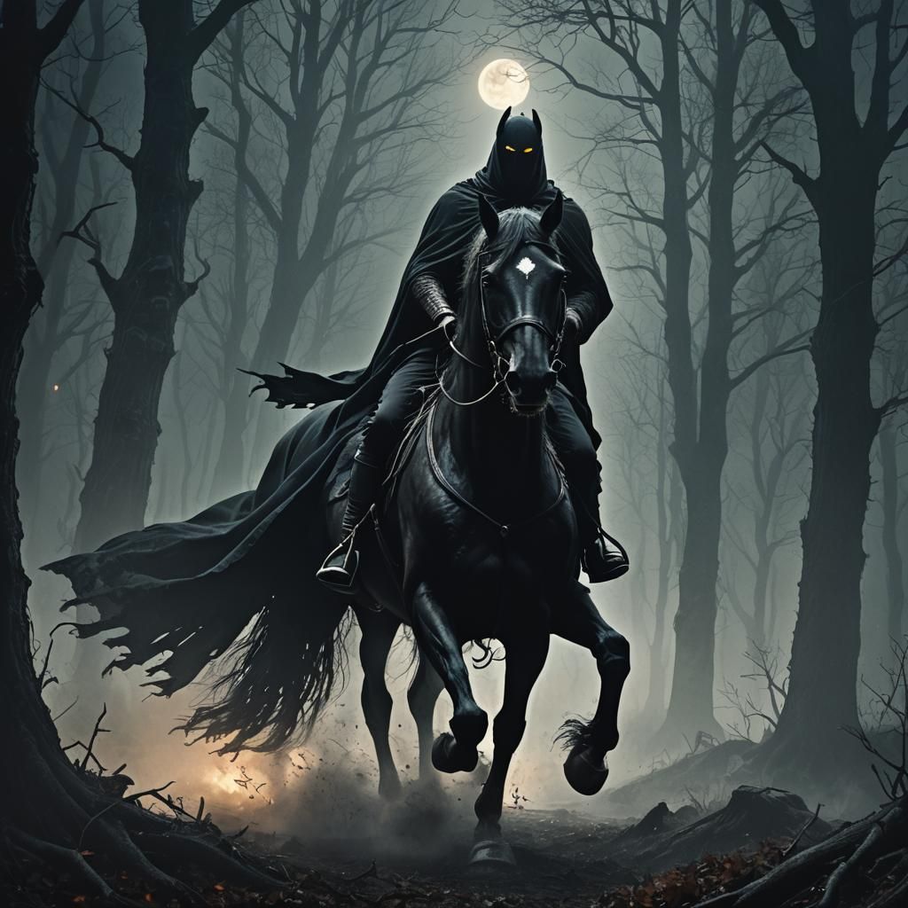 Headless Horseman Rides Through Misty Forest