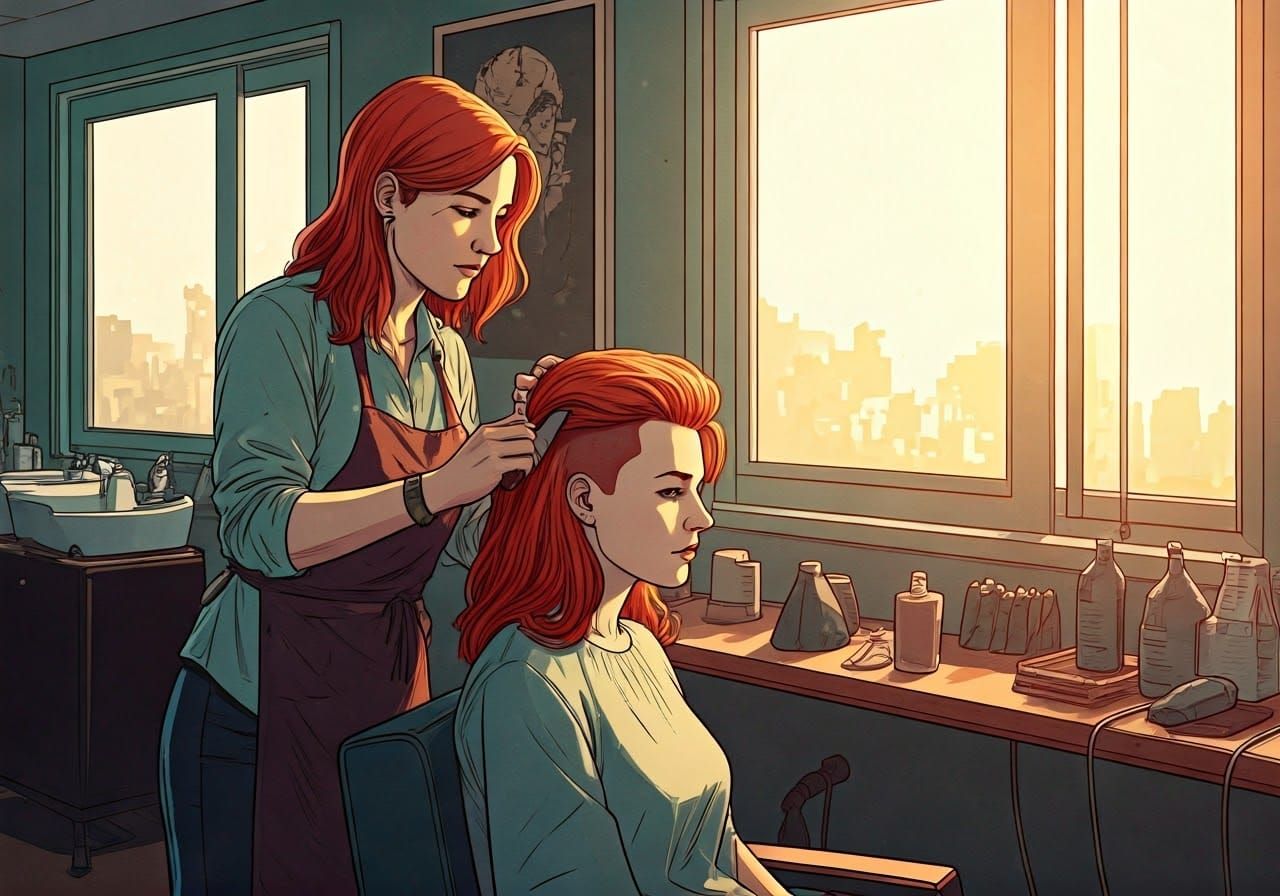 Red-Haired Woman Gets Bold Sidecut in Sunny Hair Salon