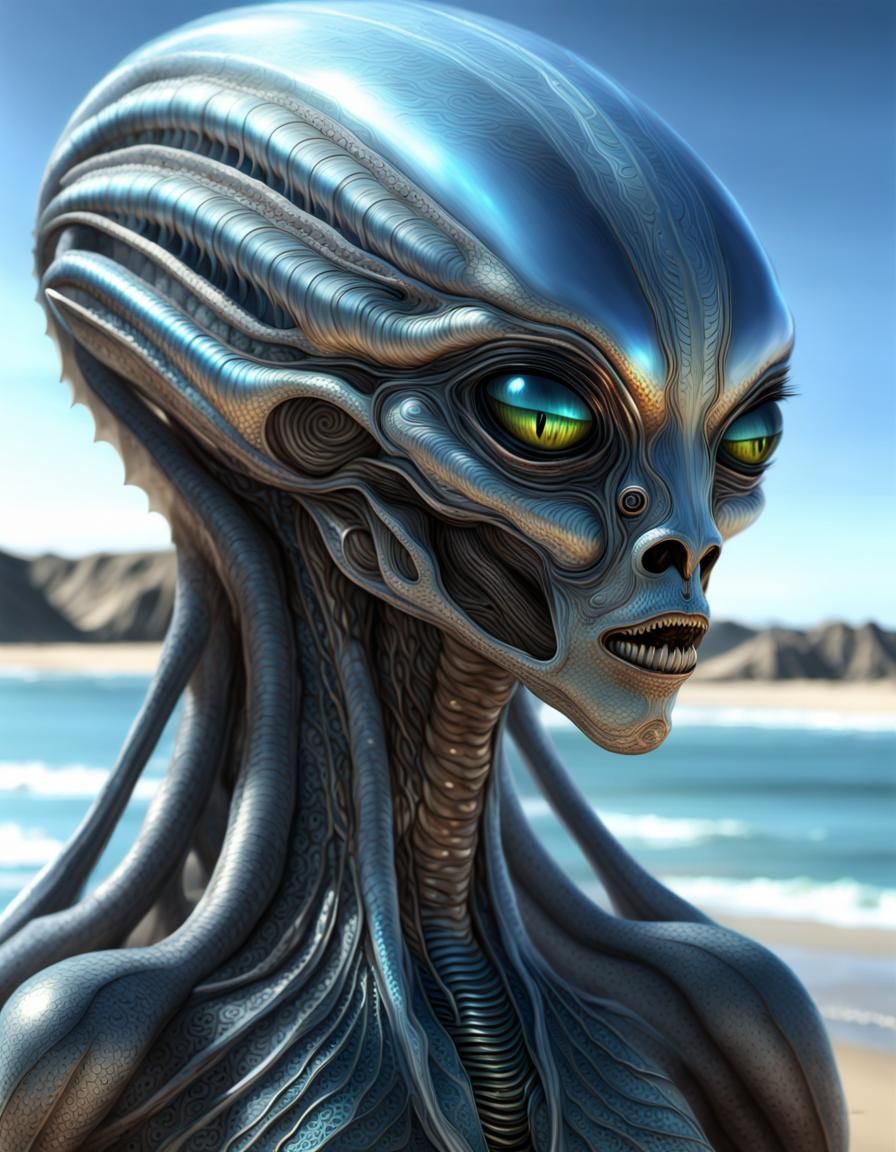 Alien Water Creature on the Beach in Biomechanical Style