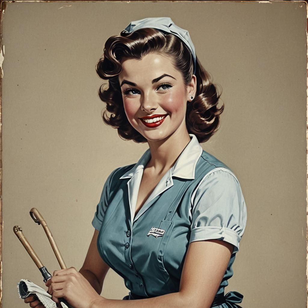 1950s Pin-Up Smiling Janitor in Pastel Colors