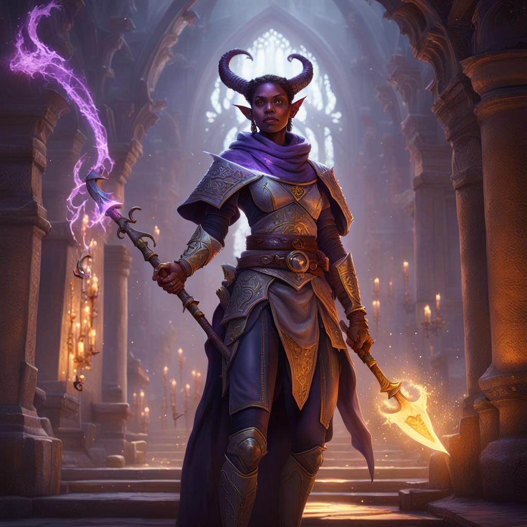 Tiefling Cleric with Holy Magic, Dark Fantasy Art