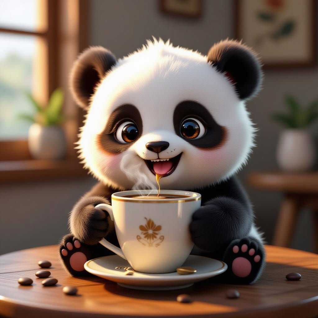 Cute Panda Cub Enjoys Coffee in 3D Anime Style