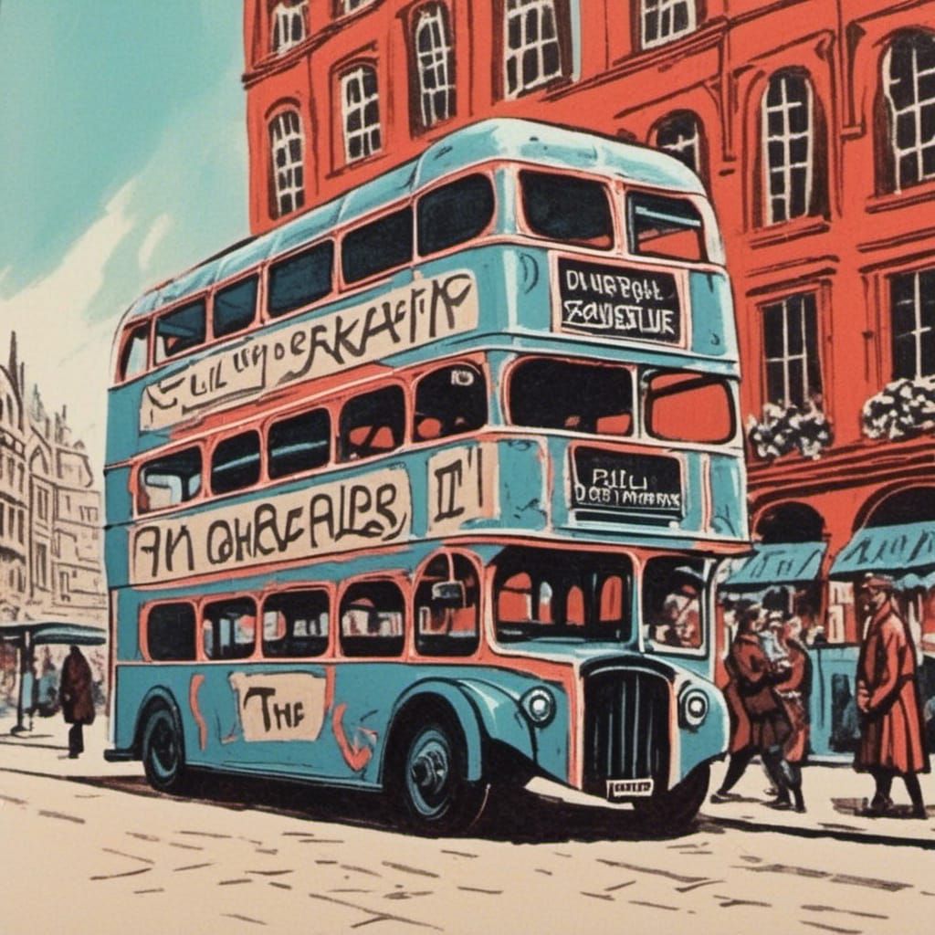 London Double Decker Bus in Woodcut Style