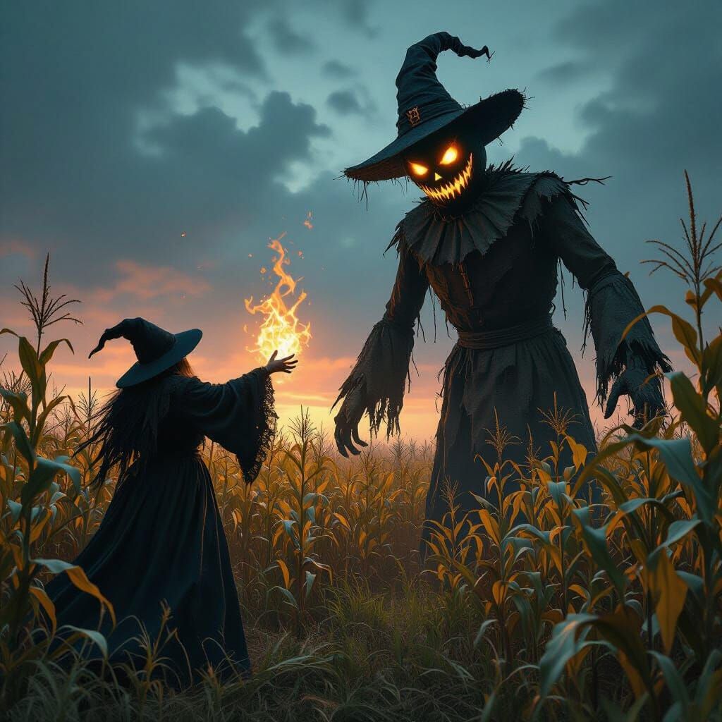 A gothic horror movie poster. A cackling witch casts a spell on a giant, menacing scarecrow in a haunted cornfield. The ...