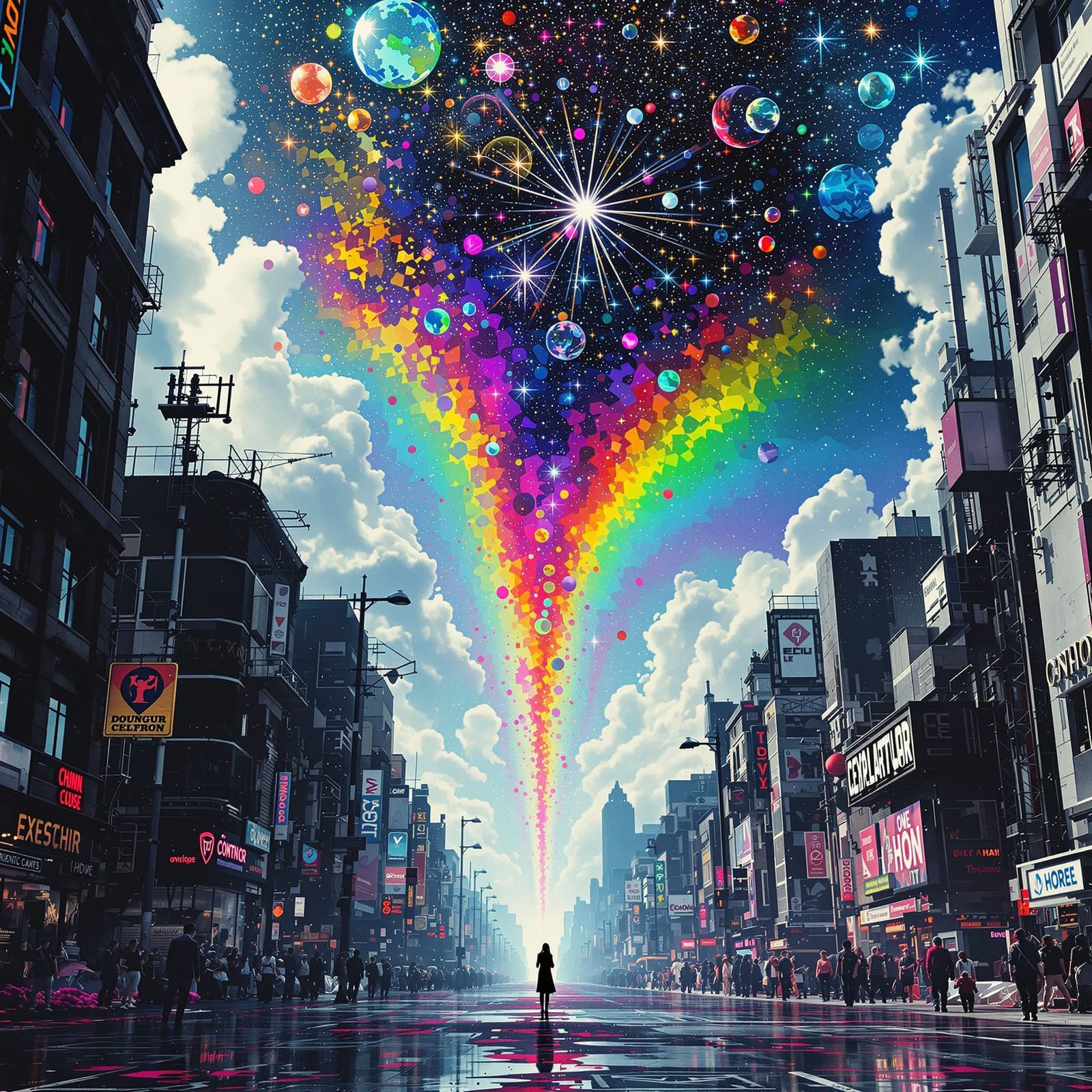 Postmodern Cityscape with Rainbow Explosion