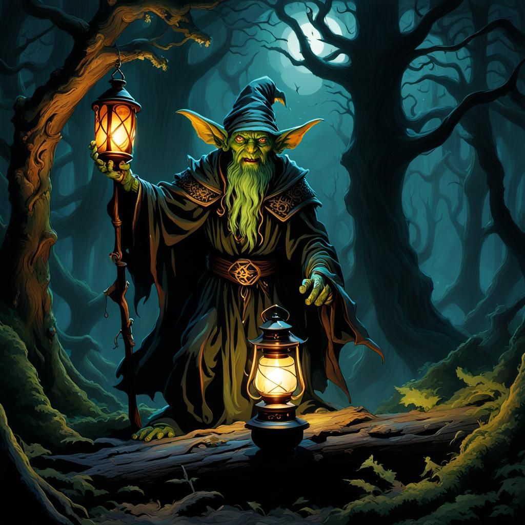 Goblin warlock clutching a mystical lantern