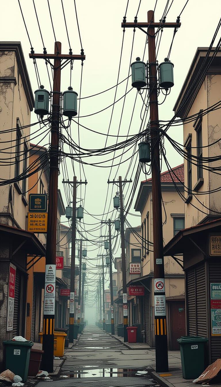 Steampunk Telephone Poles with Tangled Wires in Urban Settin...