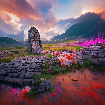 Ancient Ruins in Flower Field: Fantasy Concept Art