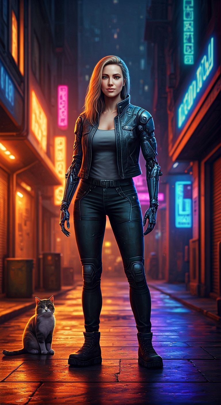 Cyberpunk Woman with Kitty in Dimly Lit Alleyway