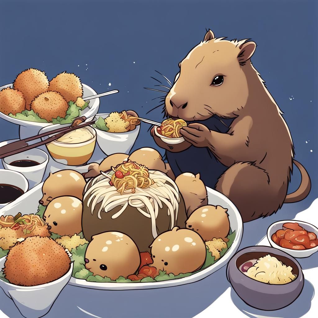 Capybara's Anime Feast: Takoyaki and Yuzu Delight