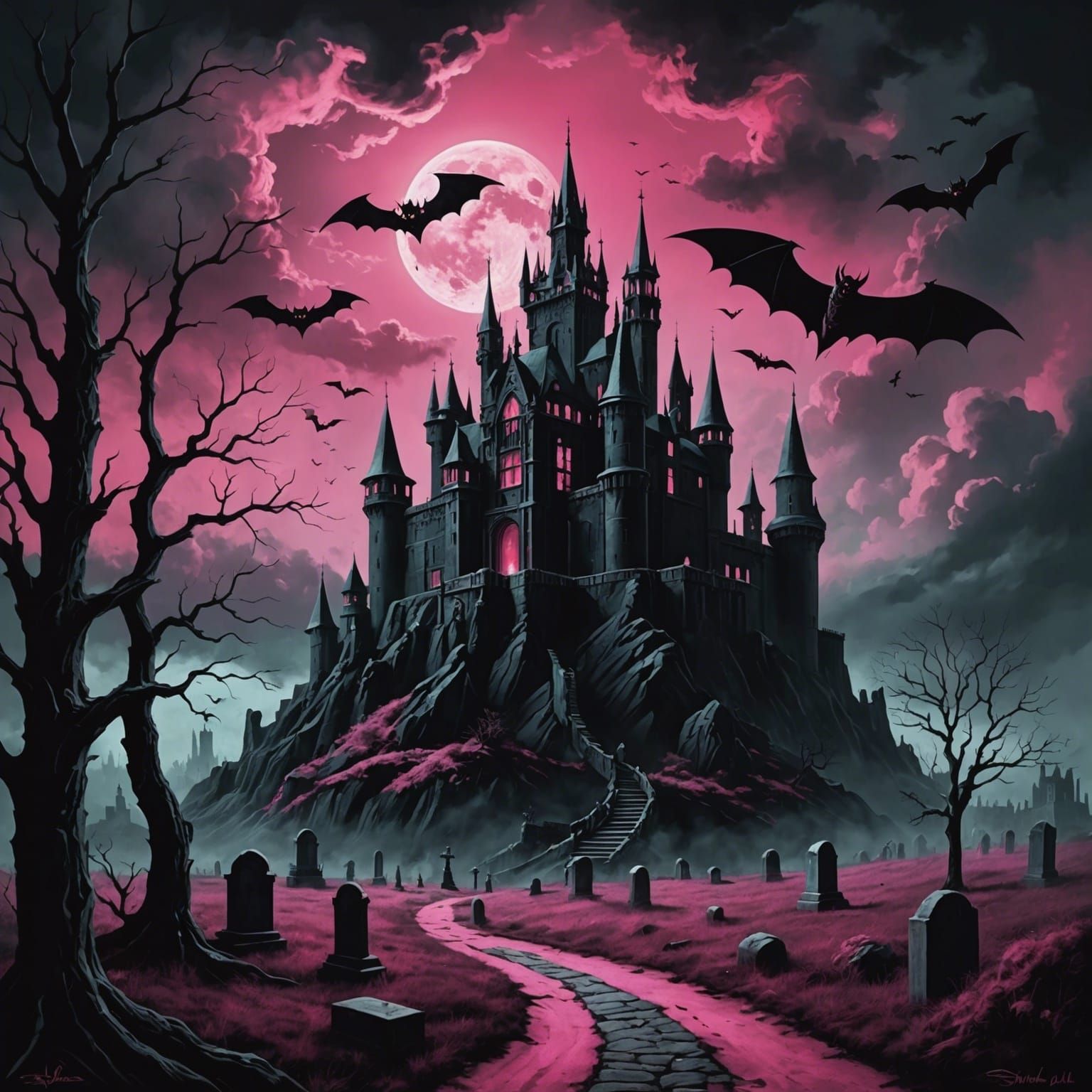 Surreal Dark Dracula Castle in Oil on Canvas