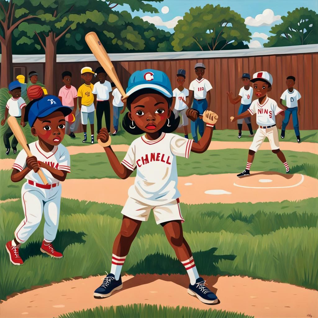 Children Play Baseball in Pop Art Style