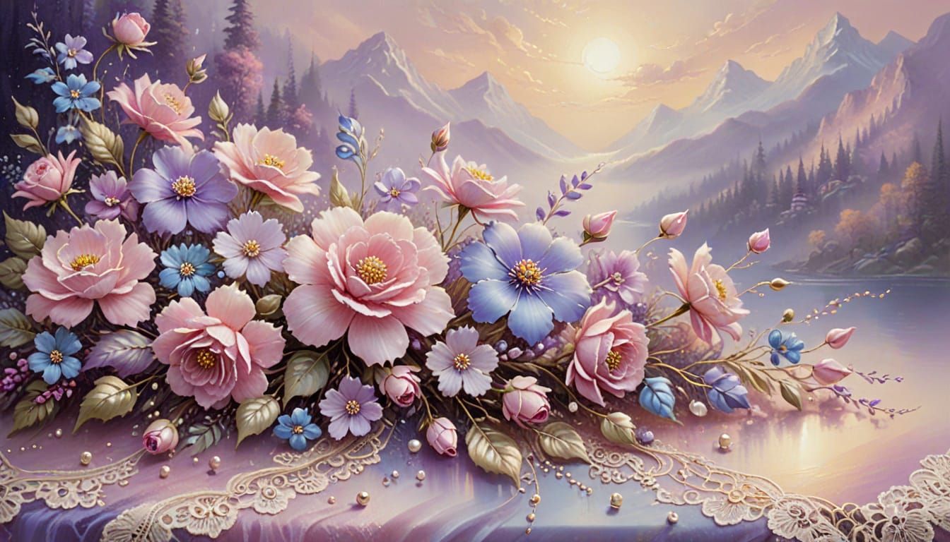 Whimsical Floral Oil Painting with Golden Highlights