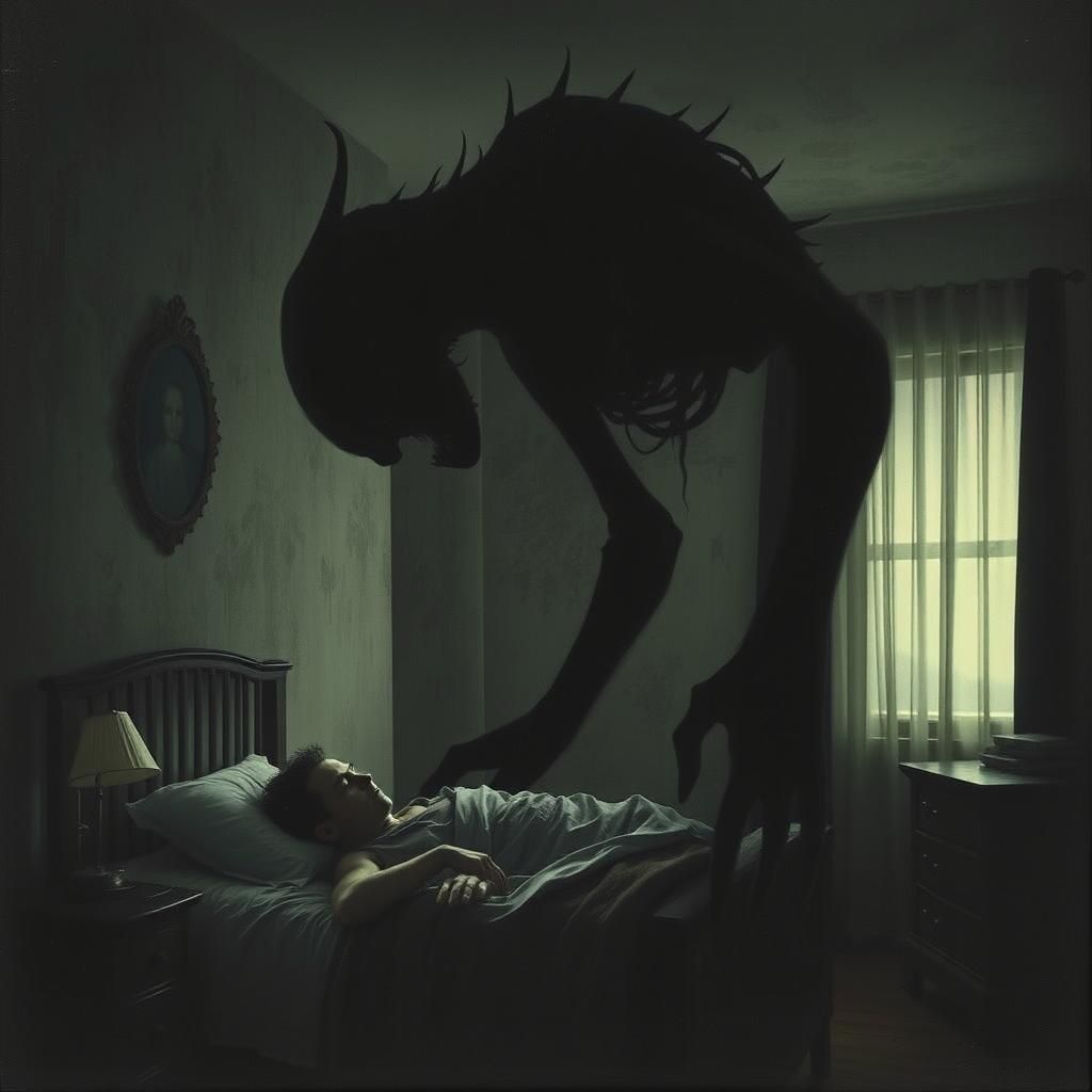 Nightmarish Silhouette Watches Over Sleeper: Dark Surrealism