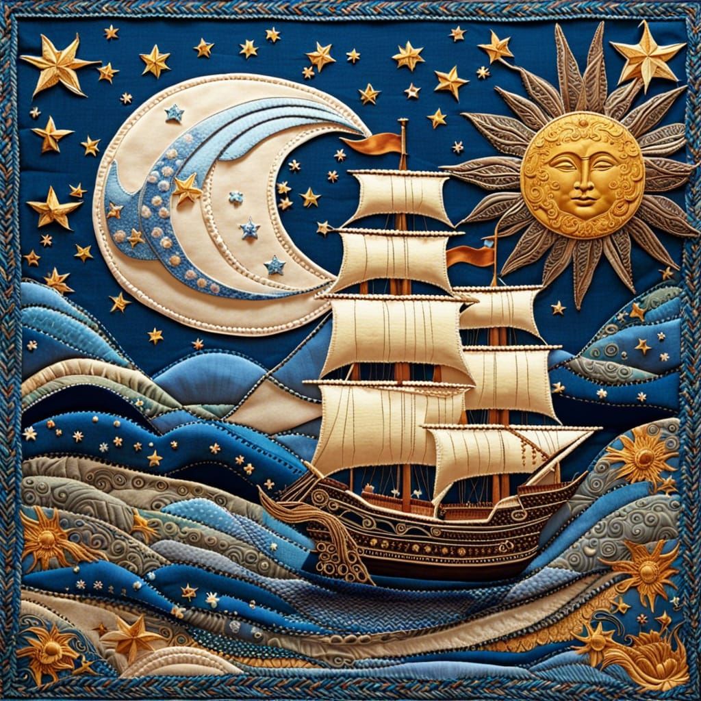 Celestial Ship: Patchwork Art with Blue Fabrics