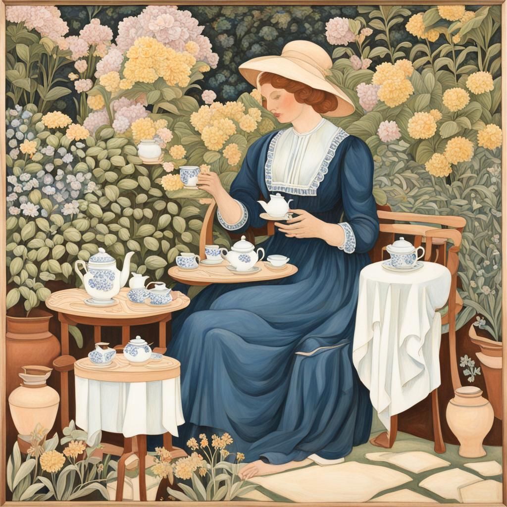 Woman and Child Enjoying Tea in Garden Setting