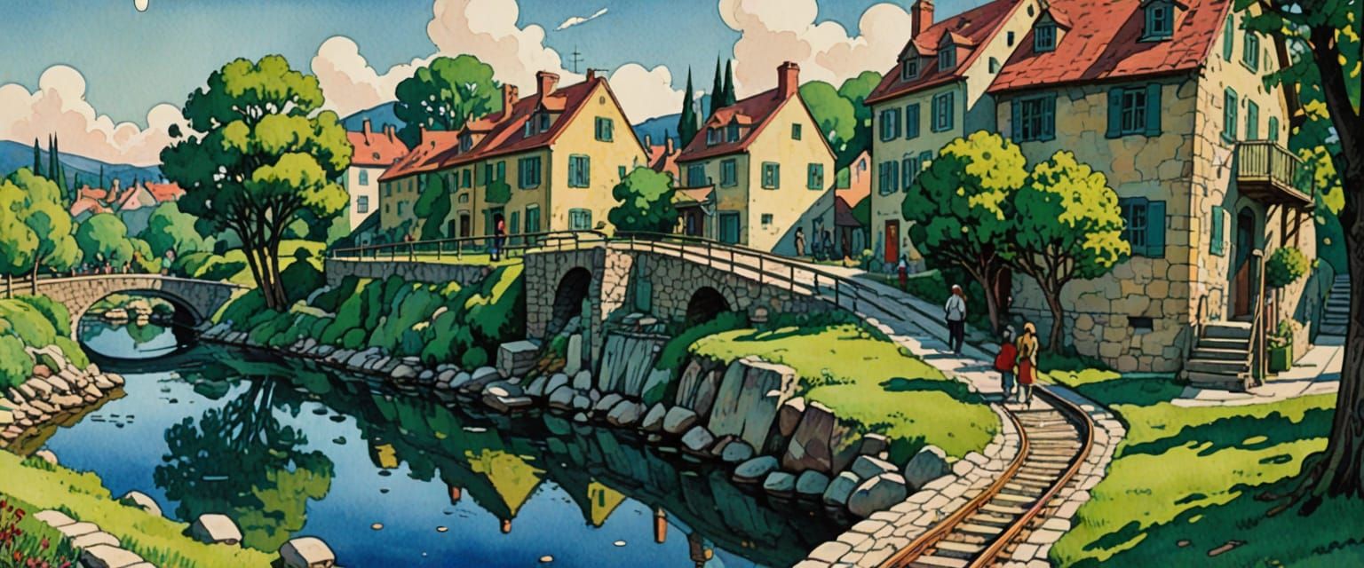 Bucolic Arts Colony in Comic Book Watercolor Style
