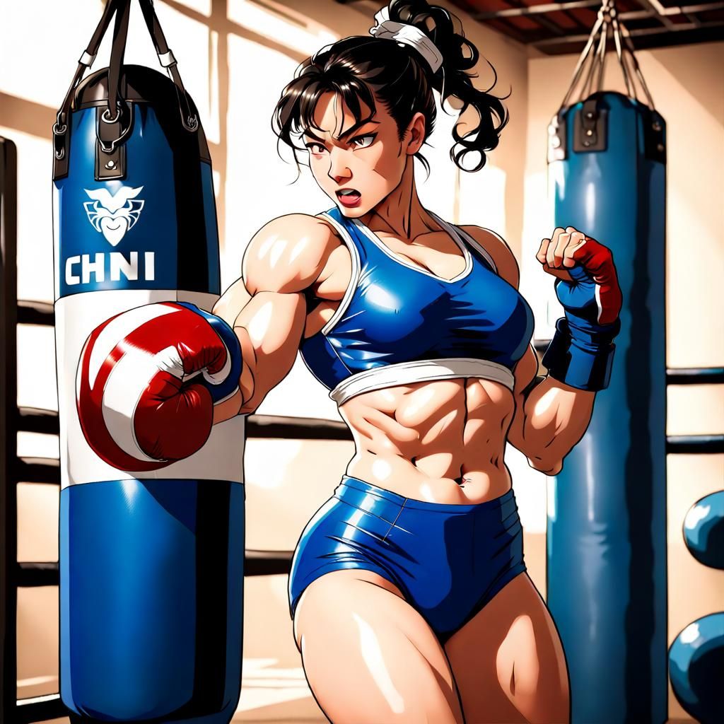 Muscular Woman Punches Heavy Bag in Gym