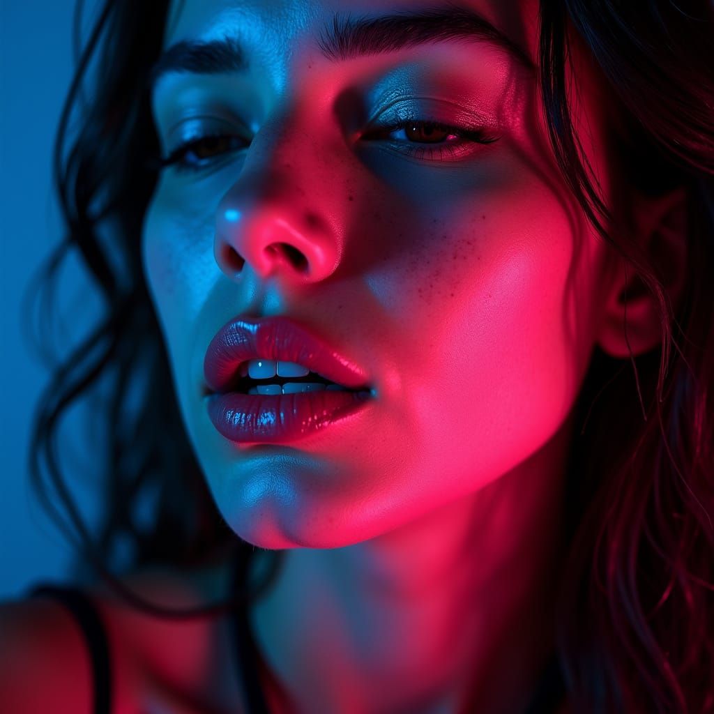 Intense Close-Up Portrait in Neon Lighting