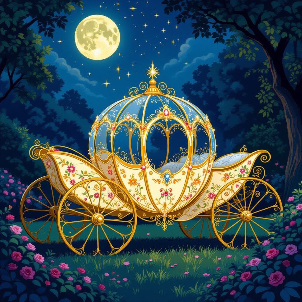Golden Carriage in Moonlit Garden