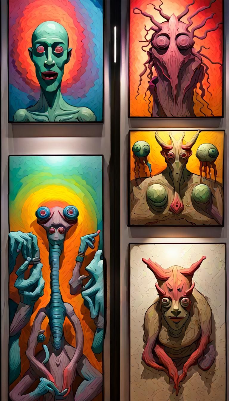 Maximalist Art Display of Eerie Creatures in Vibrant Colors